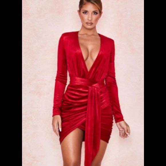 House of CB Dresses & Skirts - HOUSE OF CB Red Velvet Gathered Deep V Mini Dress